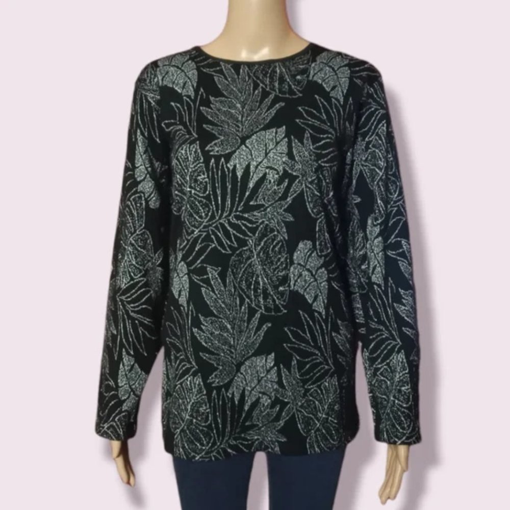 Black Long Sleeve Top with Silver Leaf Motif